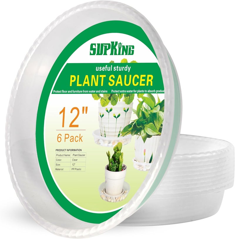 SupKing 6 Pack Plant Saucers Drip Tray,6 8 10 12 14 15 Inch Heavy Sturdy Plastic Flower Pot Saucers for Indoor,Clear Plastic Planter Water Tray for Plant Pots Liners (12''-Clear) - Image 1